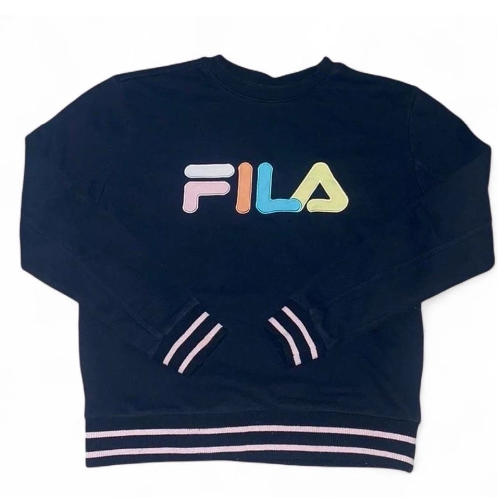 FILA Sweatshirt Pullover Crewneck Colorful Logo Black Comfy Women's Sz MediumY2K